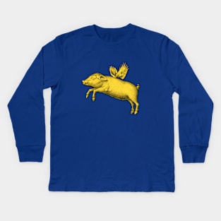 Trendy Flying Pig Yellow Vintage Engraving Farm Animal Wings Kids Long Sleeve T-Shirt